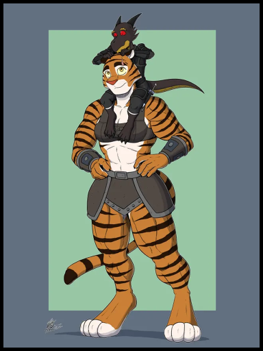 Tiger person with a kobold on her shoulder
